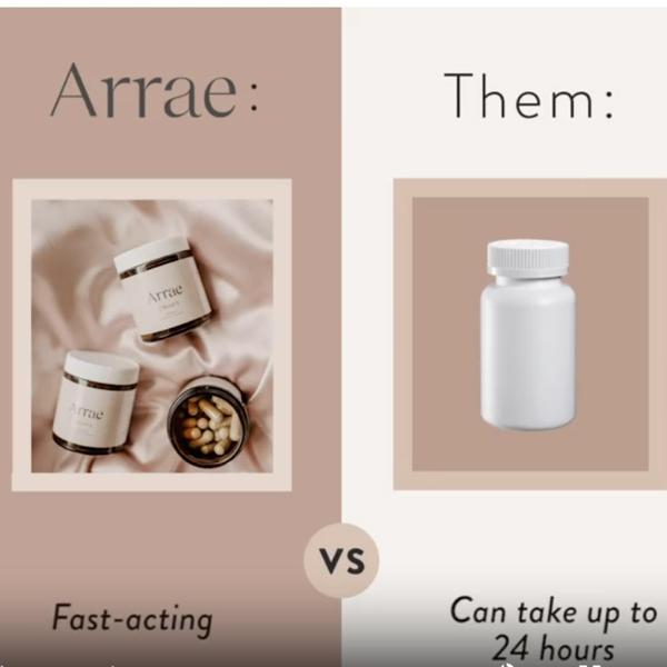 A split-screen comparison creative that contrasts a brand's fast-acting supplement against a generic slow-acting alternative.
